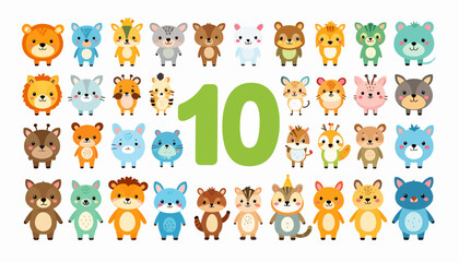 Obraz premium Ten Cute Cartoon Animals: Vector Illustration