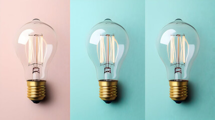 Three filament light bulbs against pastel colored backgrounds