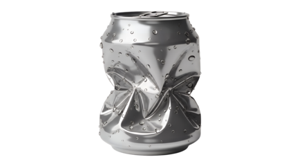 Crushed Soda Can with Water Droplets, Isolated on Transparent Background