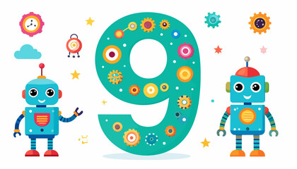 Cheerful Number Nine with Robots and Gears