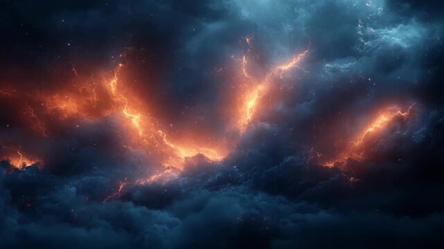 Dramatic fiery lightning storm clouds with vibrant orange glow and dark moody sky