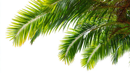 Lush green palm fronds against a bright white background in a tropical scene