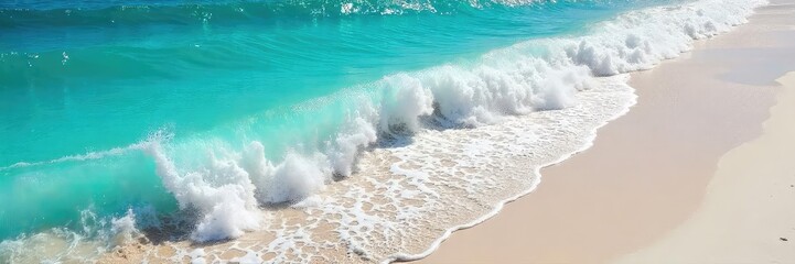 Fototapeta premium Sun-drenched turquoise ocean waves crash against a pristine white sand beach, creating a mesmerizing spectacle of nature's beauty The vibrant water shimmers under the bright sunlight , scenery, crest