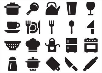 A vector icon set of kitchen tools and food symbols for cooking, including a chef's hat, pot, pan, cup, and glass, in black silhouette
