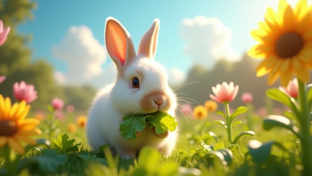 A fluffy white rabbit nibbles on fresh greens in a vibrant flower field.