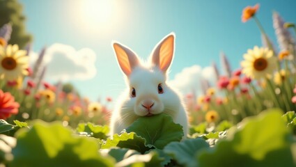 A charming white rabbit nestled amidst a vibrant flower garden.