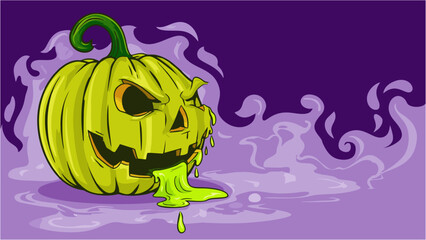 Vector illustration of a scary, slimy green pumpkin with an evil face on a spooky purple background.