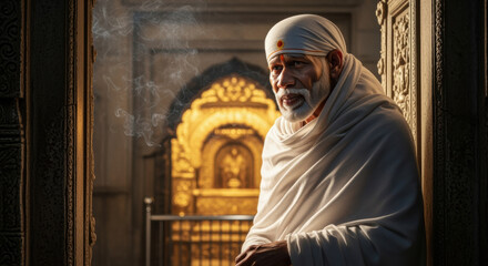 Obraz premium Serene portrait of a spiritual leader within temple ambiance enhanced with soft light and subtle