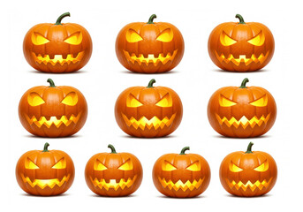 Halloween Pumpkins Different Faces Set isolated on white background
