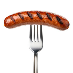 A delicious grilled sausage is held by a shiny silver fork, isolated on a transparent background for use as a clean png.
