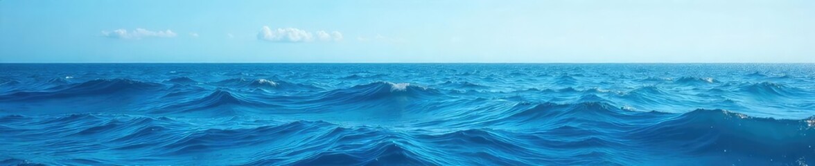Fototapeta premium Vast expanse of deep blue ocean water, waves gently rolling under a clear sky Perfect for travel, nature, and environmental themes , energy, landscape, sky