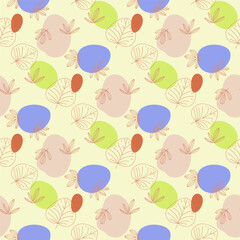 Modern botanical seamless pattern featuring hand drawn linear leaves over abstract colorful blobs. Perfect for textile design wallpaper packaging and natural themed projects. 