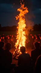 Silhouetted crowd gathers around a large roaring bonfire at night