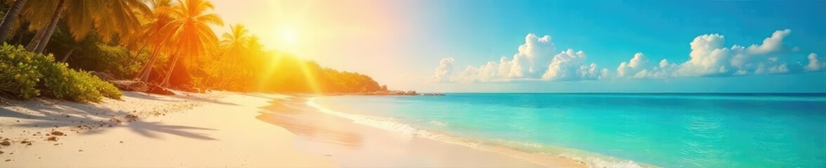 Obraz premium Vibrant summer scene featuring sun-drenched yellows, oranges, and blues of a beach landscape Perfect for travel, vacation, and summer-themed projects Evokes feelings of warmth and joy , horizon, sun