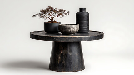 A dark wooden table displays a bonsai tree, a stone bowl, and a black vase