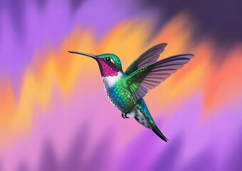 Fototapeta premium A vibrant iridescent hummingbird in flight against a colorful abstract background