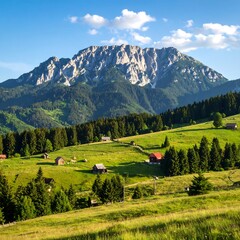 Mountain landscape with meadows and houses