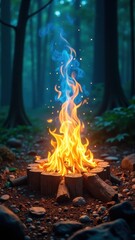 Magical glowing campfire in a dark enchanted forest with blue mystical flames