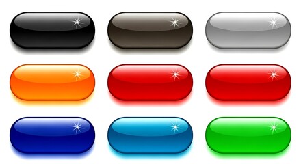 Nine glossy rounded rectangle buttons in various colors on white background object