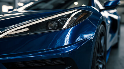 Fototapeta premium Close up of a blue sports car showcasing the headlight and front fender area