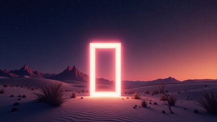 Neon glow frame in a desert landscape at twilight.