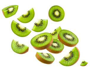 Fototapeta premium Diagonal Composition of Kiwi with Falling Slices and Motion Blur Effect, Isolated on White Background