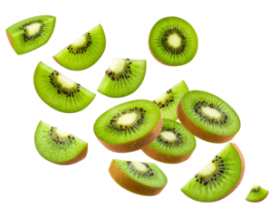 Diagonal Composition of Kiwi with Falling Slices and Motion Blur Effect, Isolated on White Background