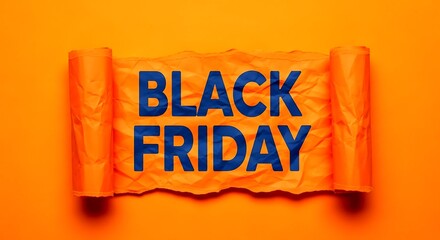 Orange paper scroll with blue text B L A C K F R I D A Y on orange background black friday