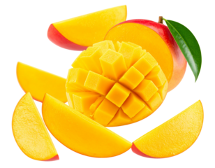 Diagonal Composition of Mango with Slices Falling in Motion Blur, Isolated on White Background