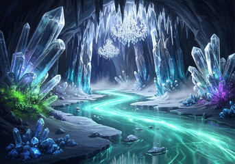Enchanted Crystal Cave with a Glowing River of Light