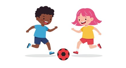 Two children, one with dark skin, the other with pink hair, playing soccer.