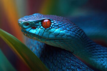 Fototapeta premium Vibrant blue pit viper with striking red eyes in lush greenery