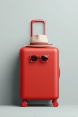 Obraz premium 3D render of a red suitcase with sunglasses and a hat on the wheels, isolated over a minimalistic solid color background.
