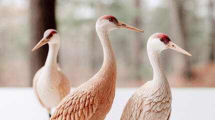 Obraz premium diorama of closeup of three sandhill cranes in a forest