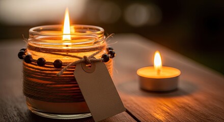 Cozy jar candle with warm glow and small tealight