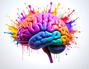 A creative human brain made of vibrant, glossy paint splashes, isolated on a white background. Concept of imagination and intelligence.