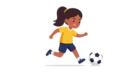 A young girl with dark hair is running and kicking a soccer ball on a white background.