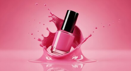 Vibrant Pink Nail Polish Bottle Splash Dynamic Motion Abstract Background