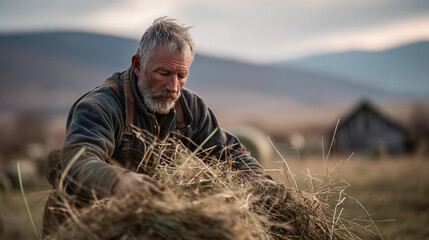 A man with gray hair and beard tending to hay in a field with mountains behind him