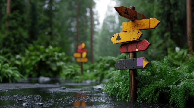 A random mix of street signs pointing in all directions in the middle of a forest