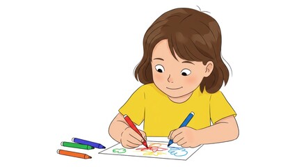 A young girl in a yellow shirt is drawing with colorful markers on a sheet of paper, creating a vibrant picture.