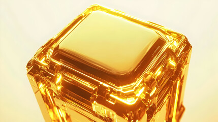 Golden, cubic, high-tech object, polished smooth surface, intricate design.  Detailed geometric structure, showcasing luxurious, radiant gold