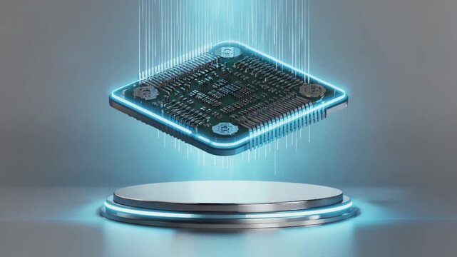 High-tech circuit board on a glowing pedestal