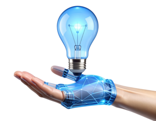 Futuristic 3D Hand with Stylized LED Light Bulb Floating Above Palm, White Background
