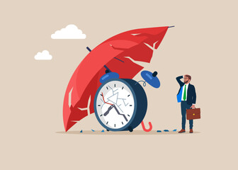 Frustrated businessman standing looking at broken clock under a broken umbrella. Fail to success. After lost in career, burnout or no inspiration. Financial indicator, inflation, recession or growth. 