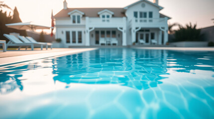 Fototapeta premium A luxurious mansion with an illuminated pool reflecting lights during the evening.