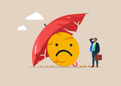 Frustrated businessman standing looking at broken wicked emoji under a broken umbrella. Manage blame, pressure, failure or mistake.  Negative reviews, bad reputation, low ratings. Vector illustration
