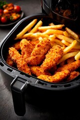 A basket filled with crispy chicken tenders and golden fries is set for a delicious home-cooked meal, perfect for a quick lunch or dinner