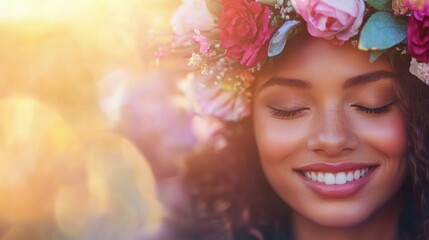 Woman with flower crown smiles during golden hour outdoor gathering