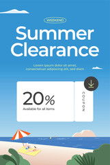 Summer Clearance Sale Coupon Banner with Beach Illustration and Discount coupon